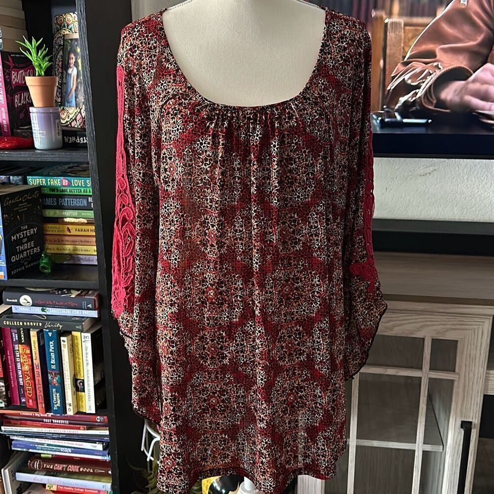 Siren Lily Size 1X Red crochet sleeve blouse sheer blouse